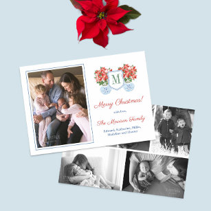 Red Poinsettia Chinoiserie Family Photo Collage Holiday Card
