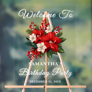 Red Poinsettia Christmas Birthday Party Welcome Acrylic Sign