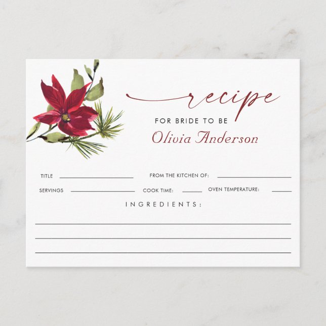 Red Poinsettia Christmas Bridal Shower Recipe Card (Front)