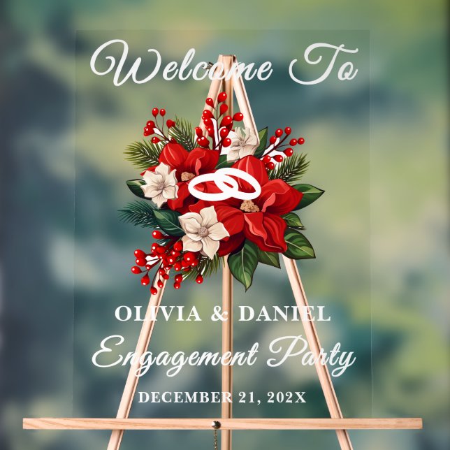Red Poinsettia Christmas Engagement Party Welcome Acrylic Sign (Neutral)