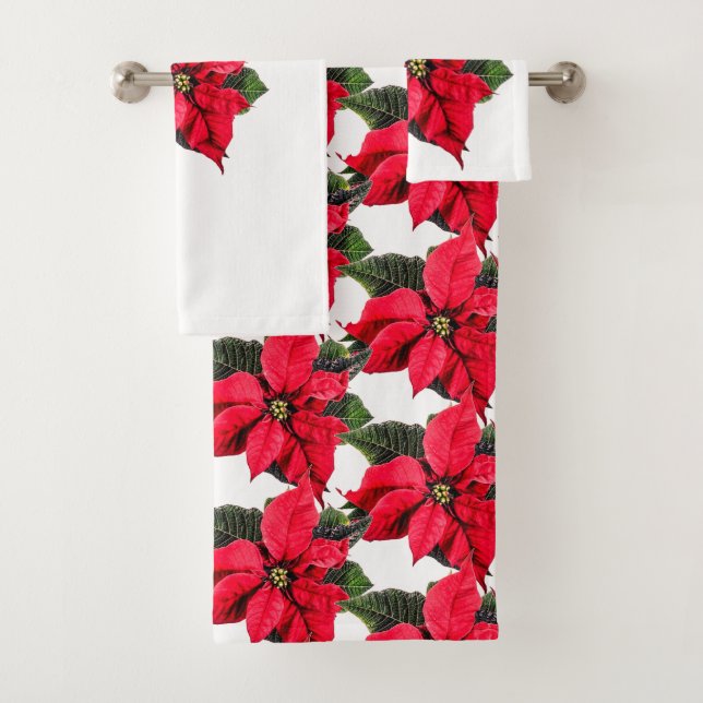 Red Poinsettia Christmas Floral Bath Towel Set (Insitu)