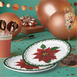 Red Poinsettia Christmas Floral Holiday  Paper Plate