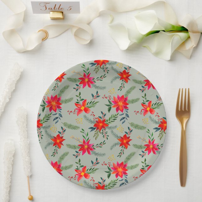  Red Poinsettia Christmas Floral Paper Plate (Wedding)