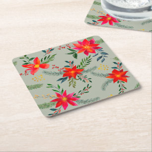  Red Poinsettia Christmas Floral Square Paper Coaster