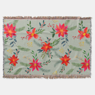 Red Poinsettia Christmas Floral Throw Blanket