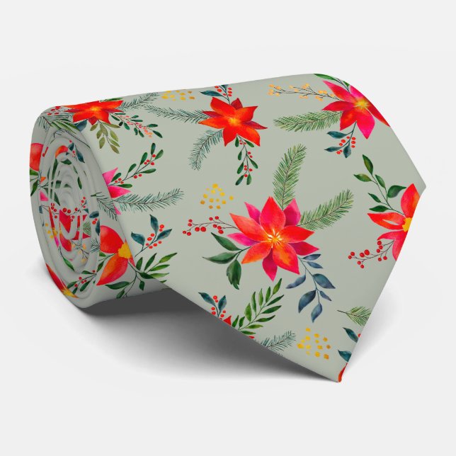  Red Poinsettia Christmas Floral Tie (Rolled)