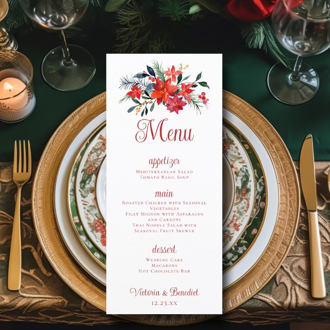 Red Poinsettia Christmas Floral Wedding Dinner Menu (Creator Uploaded)