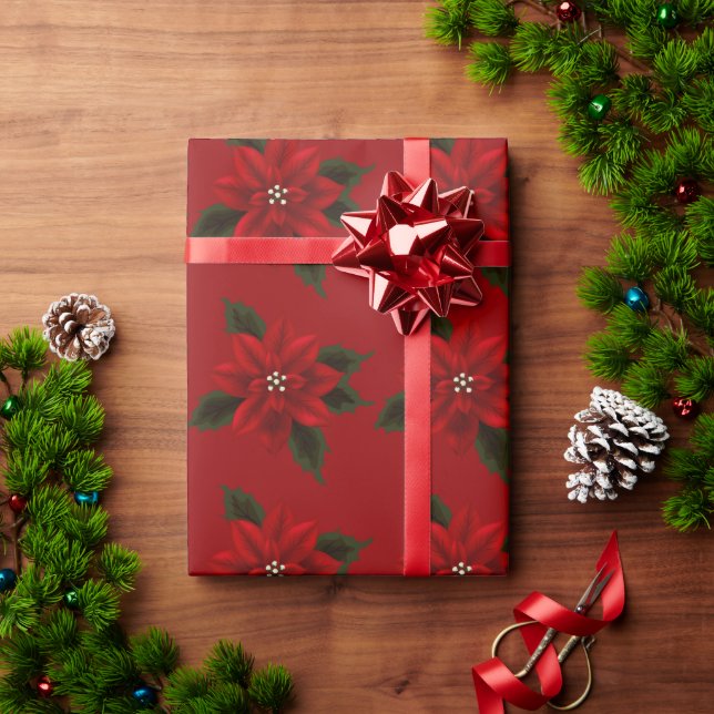 Red Poinsettia Christmas Glossy Wrapping Paper (Holiday Gift)
