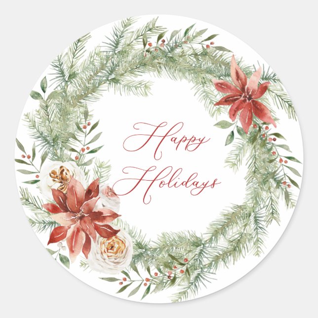 Red Poinsettia Christmas Greenery Wreath Classic Round Sticker (Front)