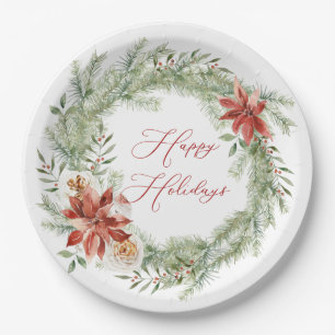 Red Poinsettia Christmas Greenery Wreath Paper Plate