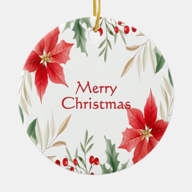 Red Poinsettia Christmas Holiday Ornament (Front)