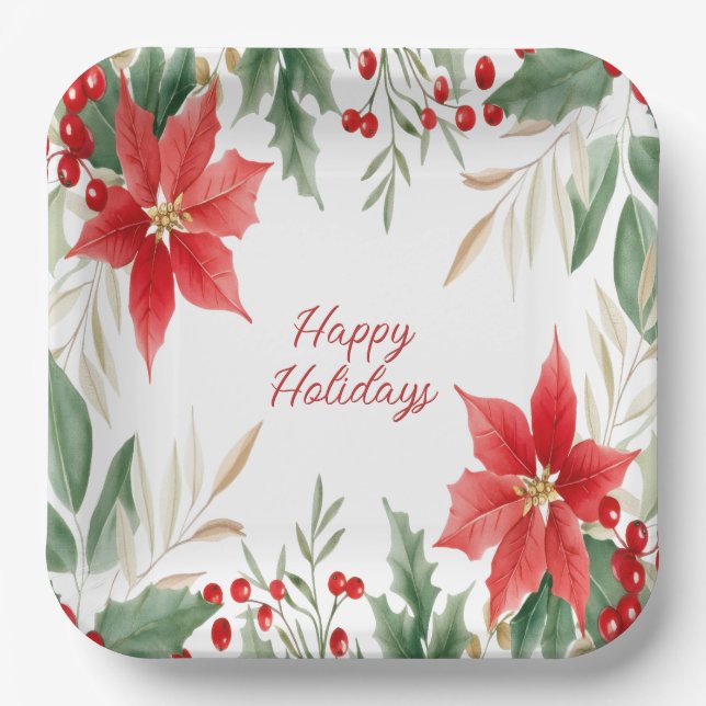 Red Poinsettia Christmas Holiday Paper Plate (Front)