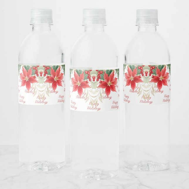Red Poinsettia Christmas Holiday Water Bottle Label (Bottles)