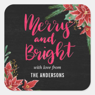 Red Poinsettia Christmas Merry And Bright Holiday Square Sticker