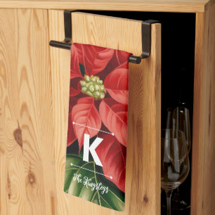 Red Poinsettia Christmas Personalized Monogram Kitchen Towel
