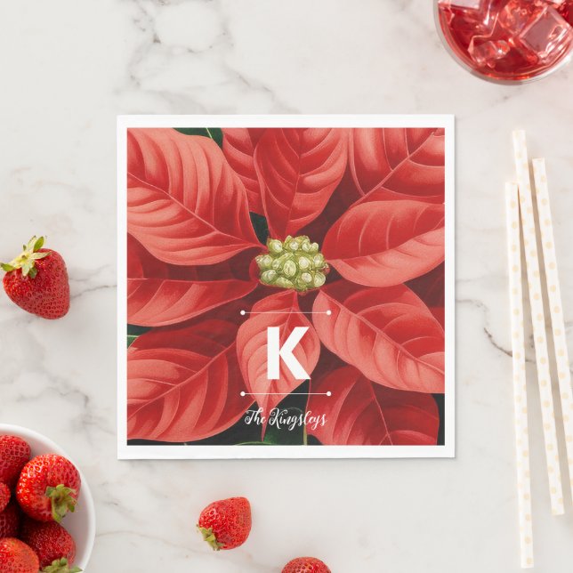 Red Poinsettia Christmas Personalized Monogram Napkin (Insitu)