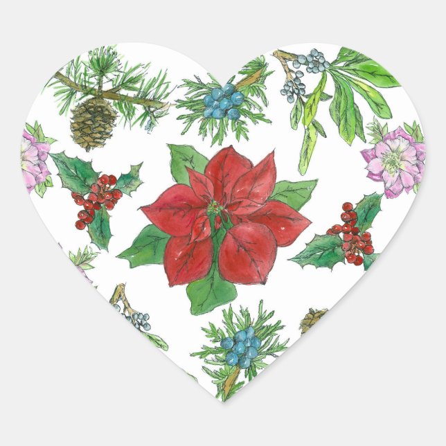 Red Poinsettia Christmas Plants Botanical Heart Sticker (Front)