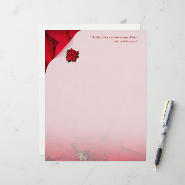 Red Poinsettia Christmas Stationery (Front/Back In Situ)