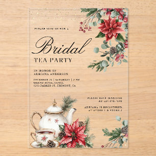 Red Poinsettia Christmas Tea Party Bridal Shower Acrylic Invitations