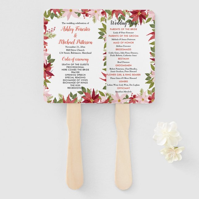 Red Poinsettia Christmas Wedding Holiday Program Hand Fan (Front and Back)