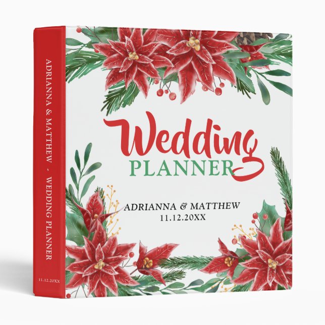 Red Poinsettia Christmas Wedding Planner Binder (Front/Spine)