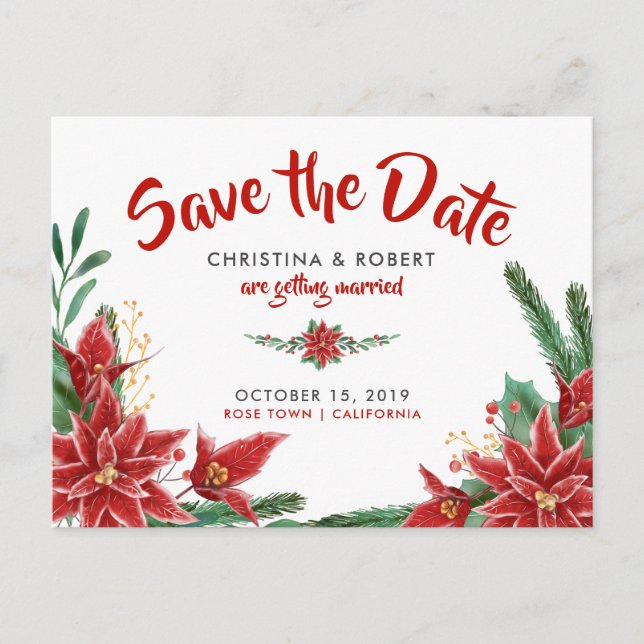 Red Poinsettia Christmas Wedding Save The Date Announcement Postcard (Front)
