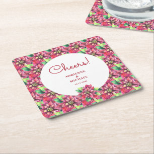 Red Poinsettia Christmas Wedding Square Paper Coaster