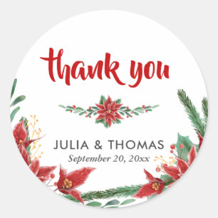 Red Poinsettia Christmas Wedding Thank You Classic Round Sticker