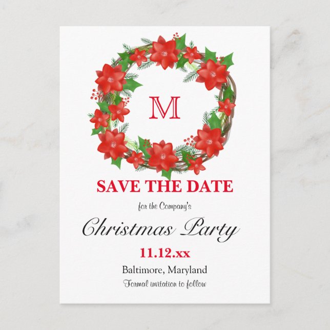 Red Poinsettia Christmas Wreath Monogram Holiday Postcard (Front)