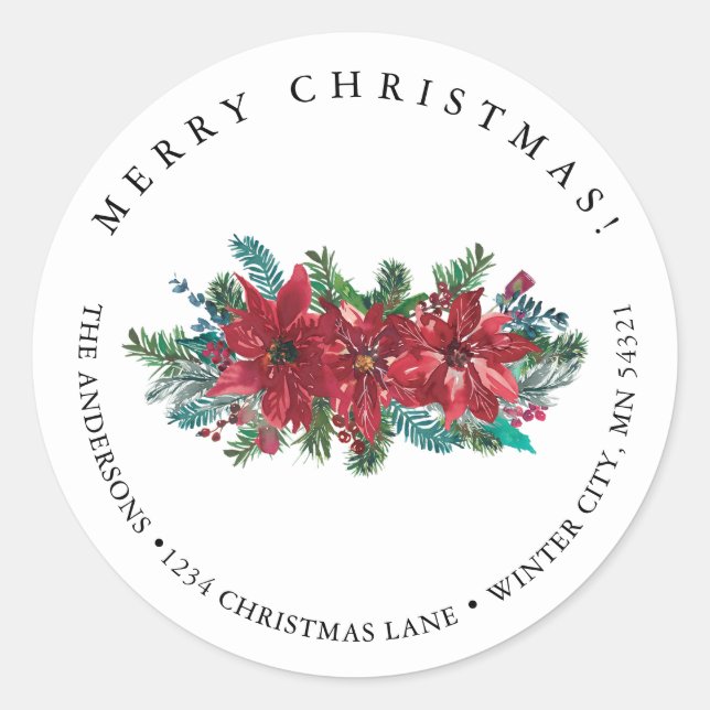 Red Poinsettia Classic Merry Christmas Address Classic Round Sticker (Front)