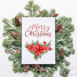 Red Poinsettia Classic Simple Merry Christmas  Holiday Card