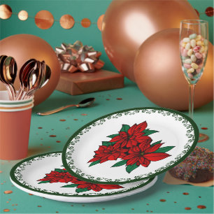 Red Poinsettia Cluster Christmas Floral Holiday  Paper Plate