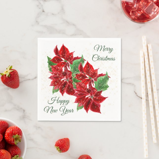 Red Poinsettia Confetti Christmas Paper Napkins (Insitu)