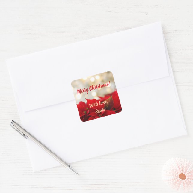 Red Poinsettia Custom Text Floral Christmas Square Sticker (Envelope)