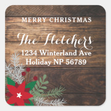 Red Poinsettia Dark Wood Square Address Label 