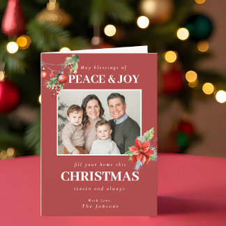 Red Poinsettia Family Photo Christmas Holiday Card