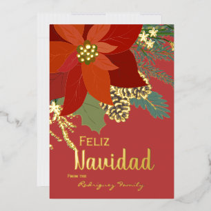 Red Poinsettia Feliz Navidad Gold Foil Holiday Card