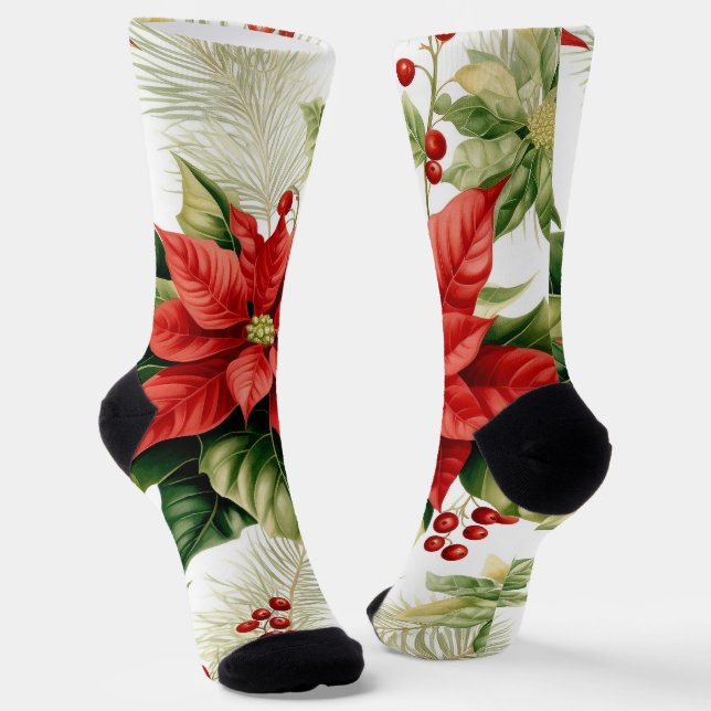 Red Poinsettia Festive Floral Socks (Angled)