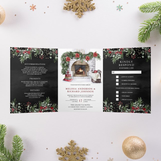 Red Poinsettia Fireplace Christmas Black Wedding Tri-Fold Invitation (Creator Uploaded)