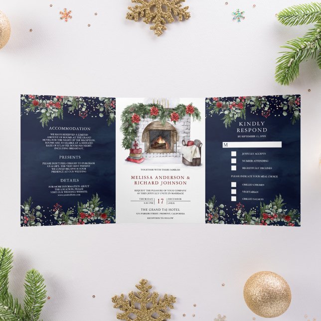Red Poinsettia Fireplace Christmas Navy Wedding Tri-Fold Invitation (Creator Uploaded)