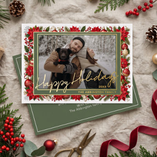 Red Poinsettia Floral Border Family Photo Foil Holiday Card