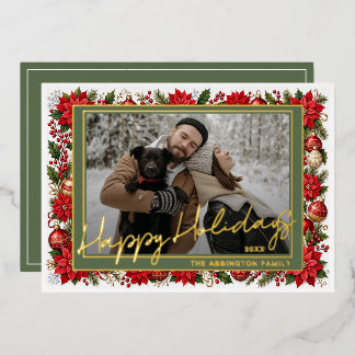 Red Poinsettia Floral Border Family Photo Foil Holiday Card