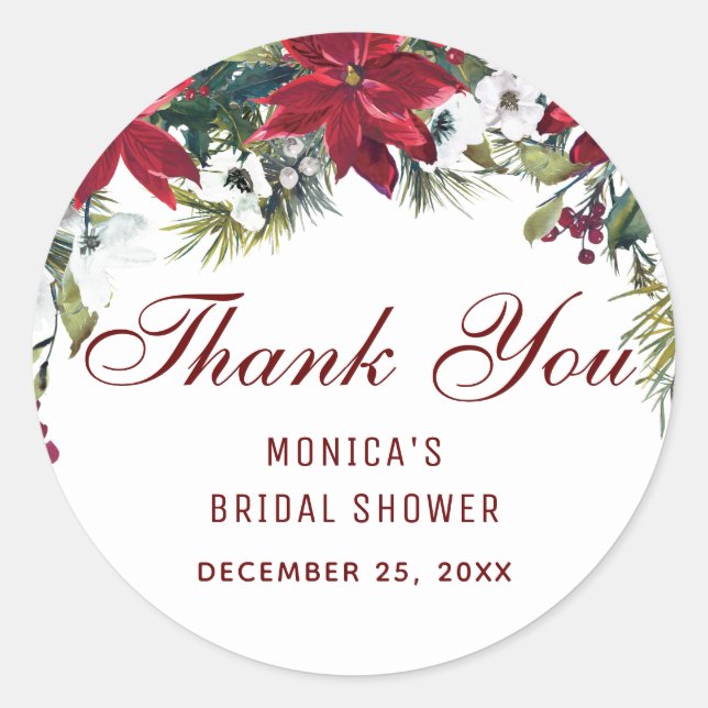 Red Poinsettia Floral Bridal Shower Thank You Classic Round Sticker (Front)
