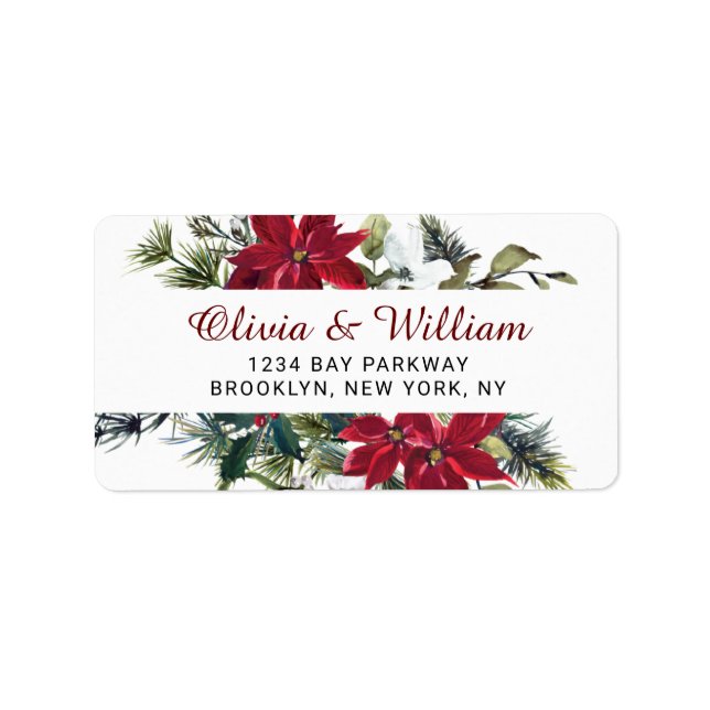 Red Poinsettia Floral Christmas Address Label (Front)