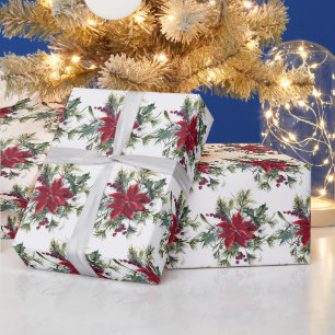 Red Poinsettia Floral Christmas Holiday Gift Wrapping Paper