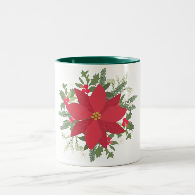 Red Poinsettia Floral Christmas Two-Tone Coffee Mug (Center)