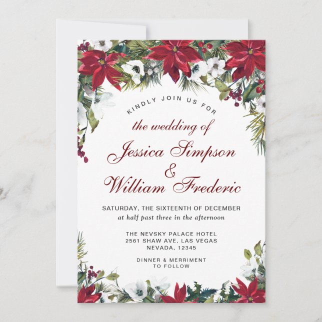 Red Poinsettia Floral Christmas Watercolor Wedding Invitation (Front)