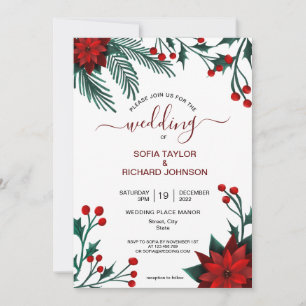 Red Poinsettia Floral Christmas Watercolor Wedding Invitation