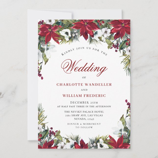Red Poinsettia Floral Christmas Watercolor Wedding Invitation (Front)