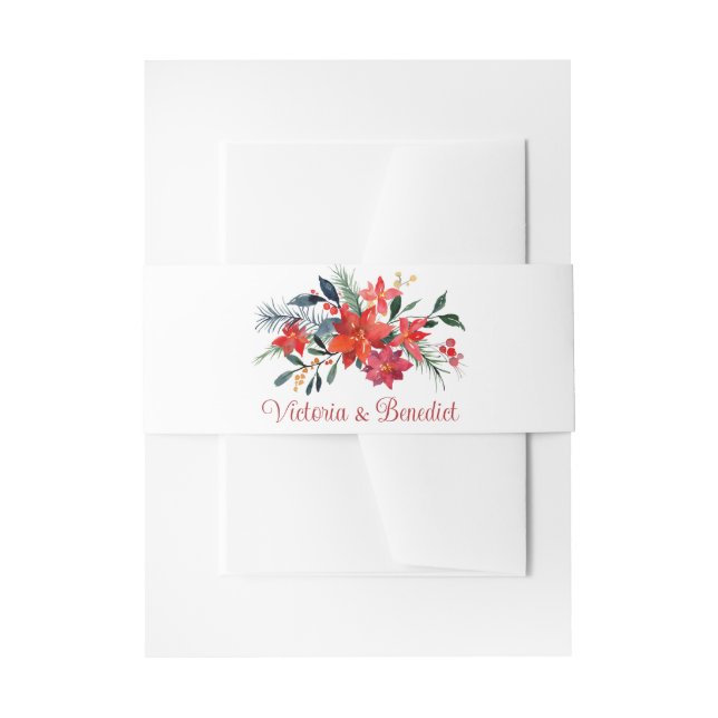 Red Poinsettia Floral Christmas Wedding Custom Invitation Belly Band (Front Example)